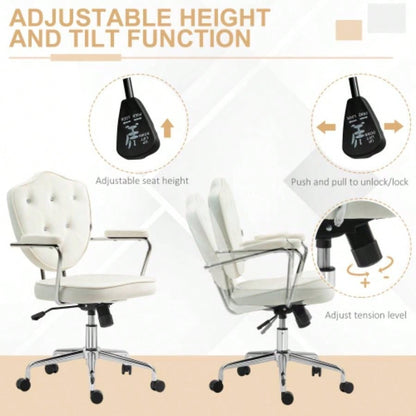 HOMCOM Cute Home Office Chair, Computer Desk Chair with Button Tufted Velvet - Feel Fabric, Swivel Vanity Chair, White
