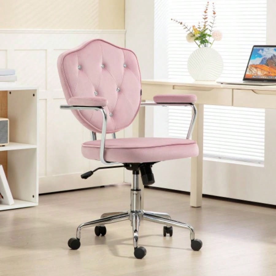 HOMCOM Cute Home Office Chair, Computer Desk Chair with Button Tufted Velvet - Feel Fabric, Swivel Vanity Chair, Pink