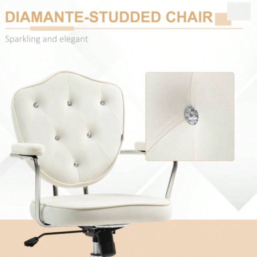 HOMCOM Cute Home Office Chair, Computer Desk Chair with Button Tufted Velvet - Feel Fabric, Swivel Vanity Chair, White
