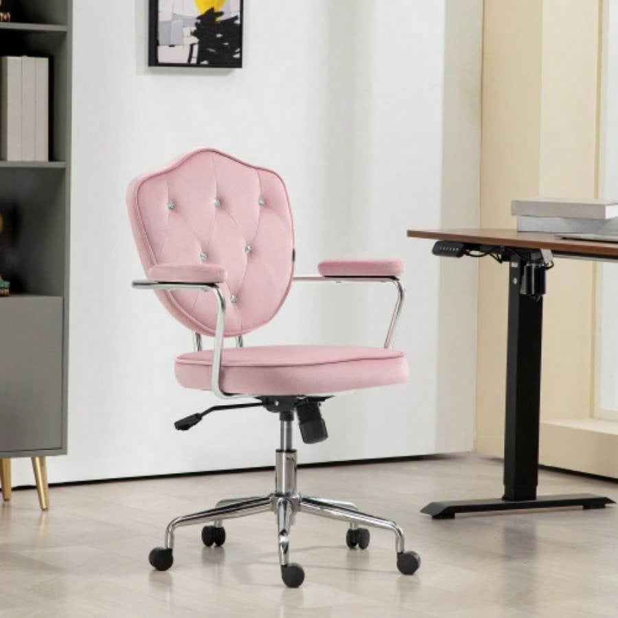 HOMCOM Cute Home Office Chair, Computer Desk Chair with Button Tufted Velvet - Feel Fabric, Swivel Vanity Chair, Pink