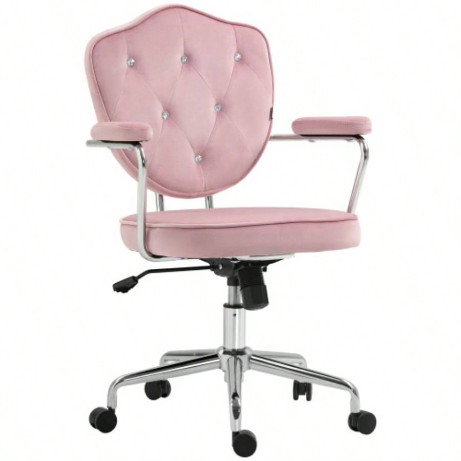 HOMCOM Cute Home Office Chair, Computer Desk Chair with Button Tufted Velvet - Feel Fabric, Swivel Vanity Chair, Pink