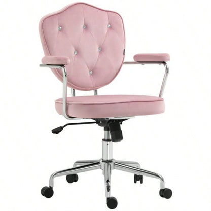 HOMCOM Cute Home Office Chair, Computer Desk Chair with Button Tufted Velvet - Feel Fabric, Swivel Vanity Chair, Pink