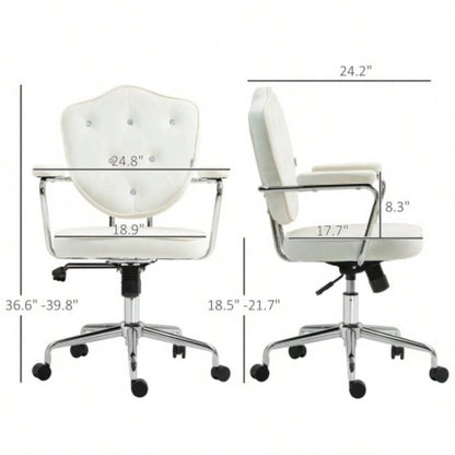 HOMCOM Cute Home Office Chair, Computer Desk Chair with Button Tufted Velvet - Feel Fabric, Swivel Vanity Chair, White