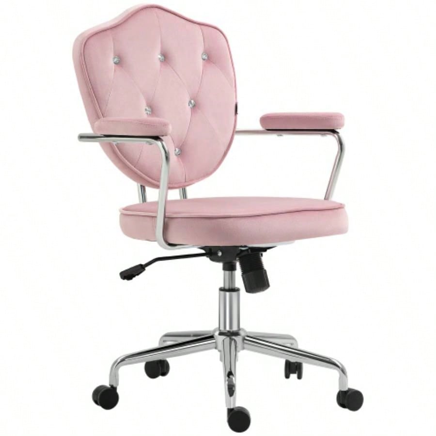 HOMCOM Cute Home Office Chair, Computer Desk Chair with Button Tufted Velvet - Feel Fabric, Swivel Vanity Chair, Pink
