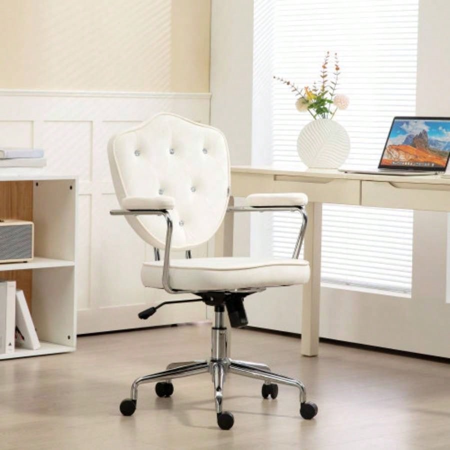 HOMCOM Cute Home Office Chair, Computer Desk Chair with Button Tufted Velvet - Feel Fabric, Swivel Vanity Chair, White