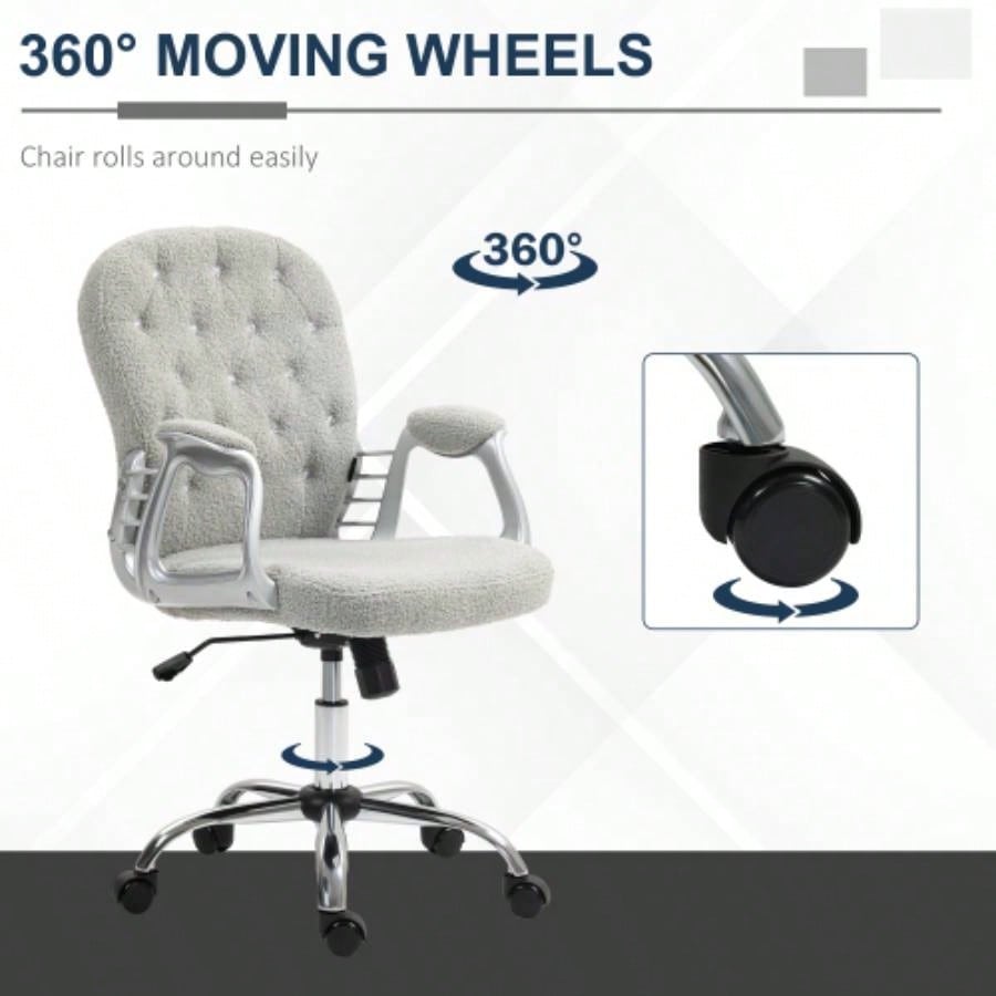 Vinsetto Teddy Fleece Home Office Chair, Button Tufted Desk Chair with Padded Armrests, Adjustable Height and Swivel Wheels, Gray