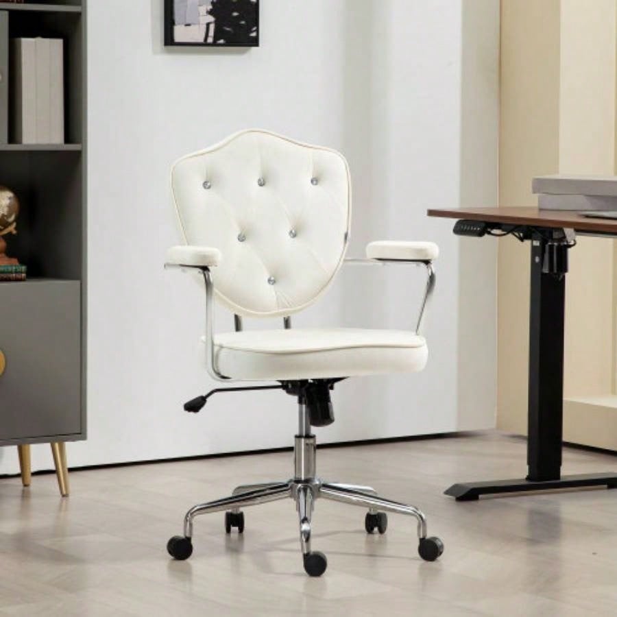 HOMCOM Cute Home Office Chair, Computer Desk Chair with Button Tufted Velvet - Feel Fabric, Swivel Vanity Chair, White