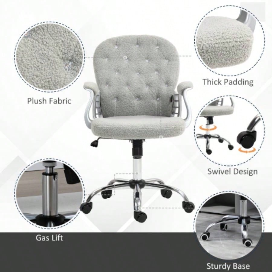 Vinsetto Teddy Fleece Home Office Chair, Button Tufted Desk Chair with Padded Armrests, Adjustable Height and Swivel Wheels, Gray
