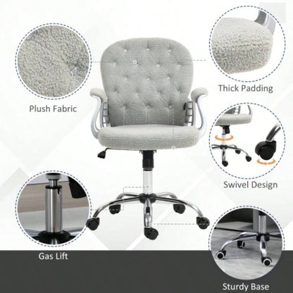 Vinsetto Teddy Fleece Home Office Chair, Button Tufted Desk Chair with Padded Armrests, Adjustable Height and Swivel Wheels, Gray