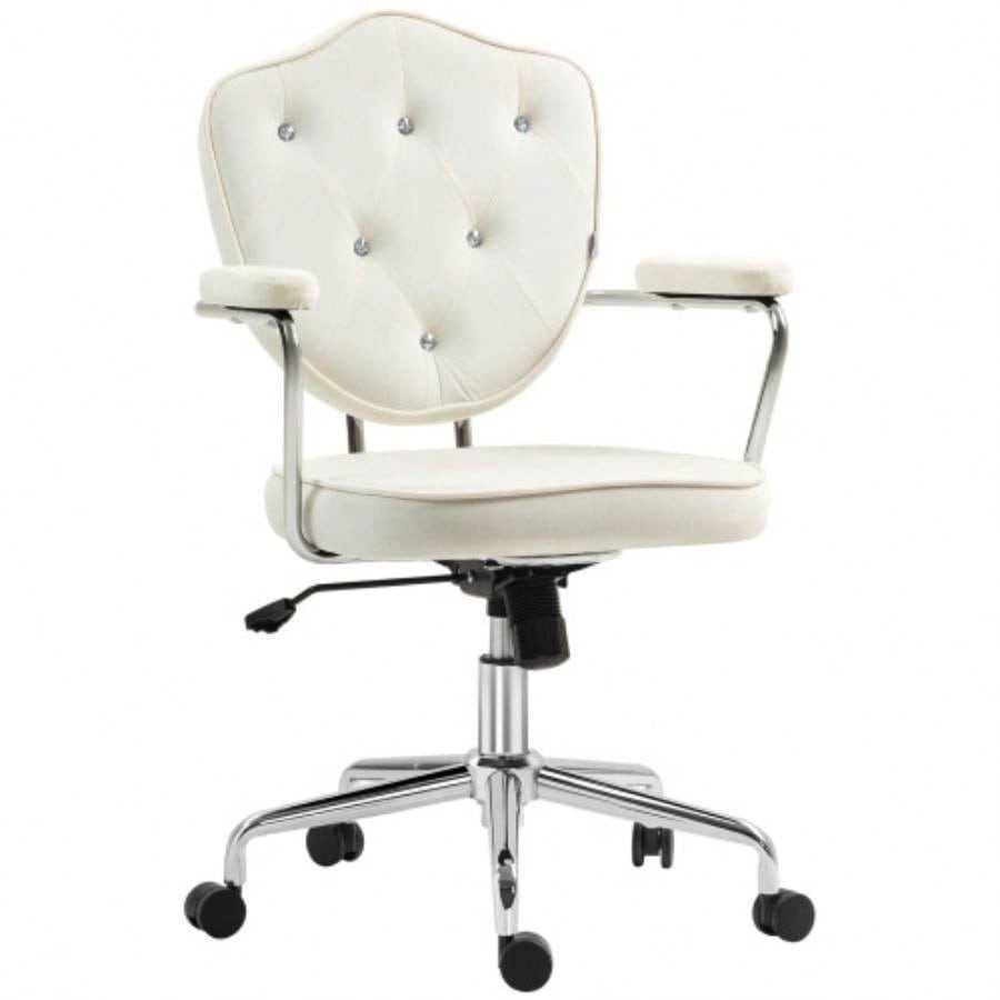 HOMCOM Cute Home Office Chair, Computer Desk Chair with Button Tufted Velvet - Feel Fabric, Swivel Vanity Chair, White