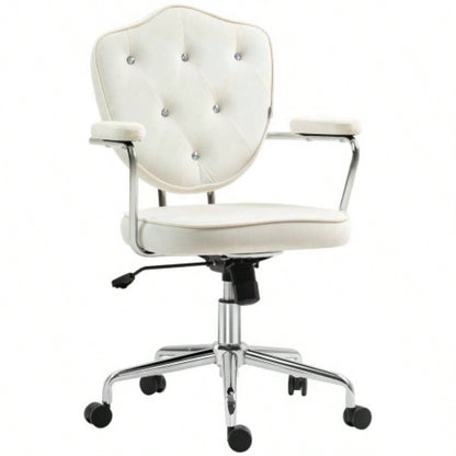 HOMCOM Cute Home Office Chair, Computer Desk Chair with Button Tufted Velvet - Feel Fabric, Swivel Vanity Chair, White