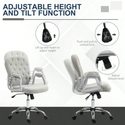 Vinsetto Teddy Fleece Home Office Chair, Button Tufted Desk Chair with Padded Armrests, Adjustable Height and Swivel Wheels, Gray
