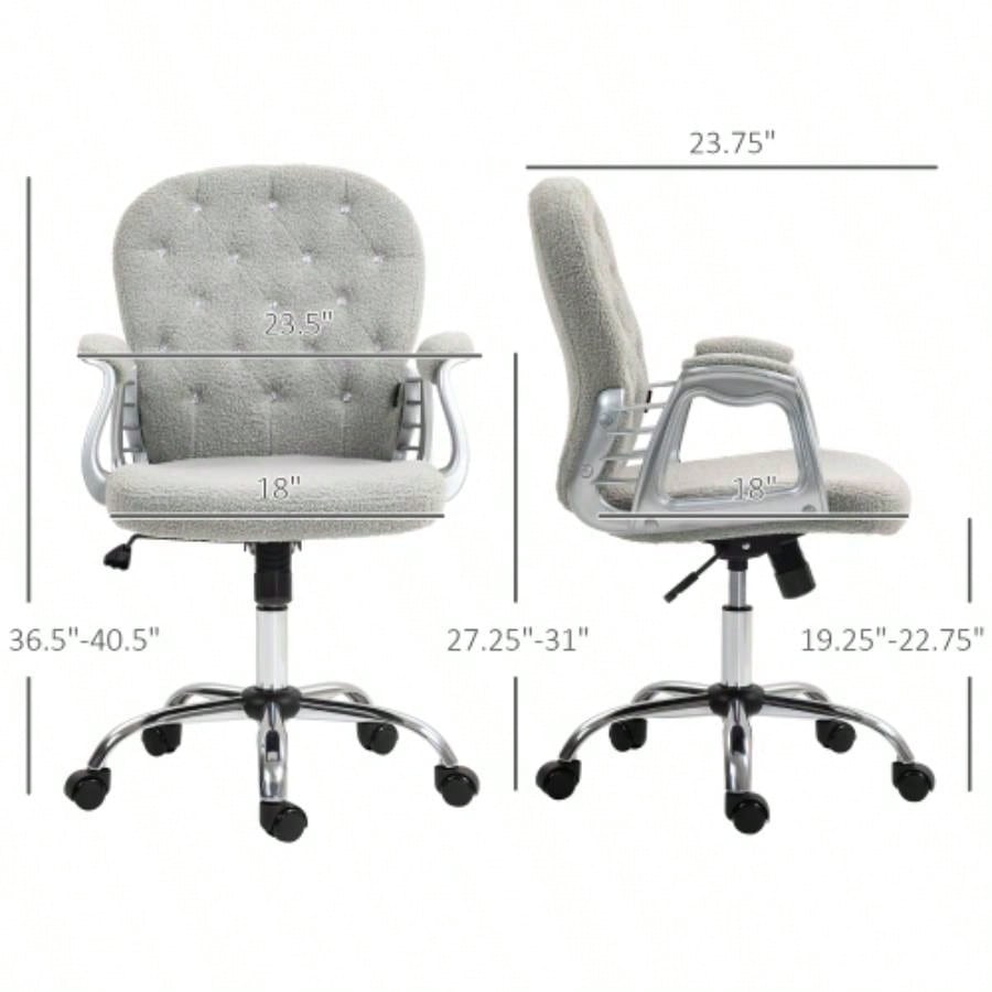 Vinsetto Teddy Fleece Home Office Chair, Button Tufted Desk Chair with Padded Armrests, Adjustable Height and Swivel Wheels, Gray