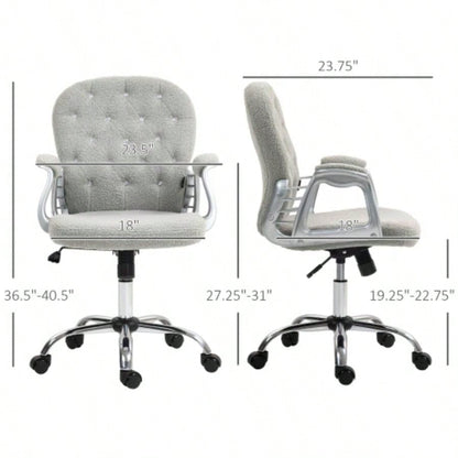 Vinsetto Teddy Fleece Home Office Chair, Button Tufted Desk Chair with Padded Armrests, Adjustable Height and Swivel Wheels, Gray