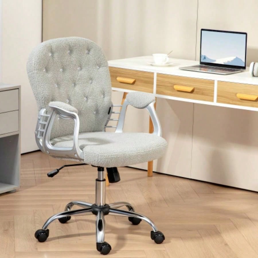 Vinsetto Teddy Fleece Home Office Chair, Button Tufted Desk Chair with Padded Armrests, Adjustable Height and Swivel Wheels, Gray