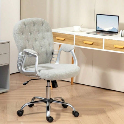 Vinsetto Teddy Fleece Home Office Chair, Button Tufted Desk Chair with Padded Armrests, Adjustable Height and Swivel Wheels, Gray