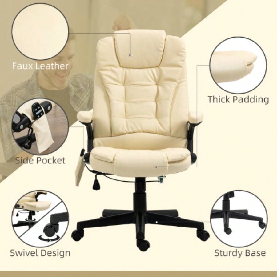HOMCOM High Back Vibration Massage Office Chair with 6 Vibration Points, Heated Reclining PU Leather Computer Chair with Armrest and Remote, Beige