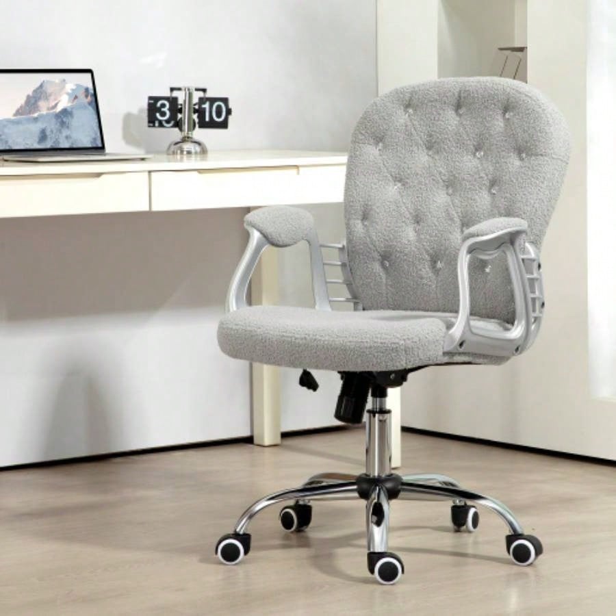 Vinsetto Teddy Fleece Home Office Chair, Button Tufted Desk Chair with Padded Armrests, Adjustable Height and Swivel Wheels, Gray