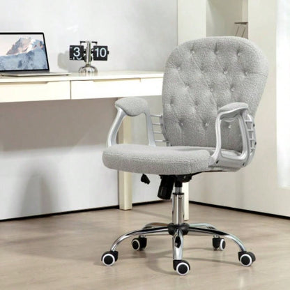 Vinsetto Teddy Fleece Home Office Chair, Button Tufted Desk Chair with Padded Armrests, Adjustable Height and Swivel Wheels, Gray