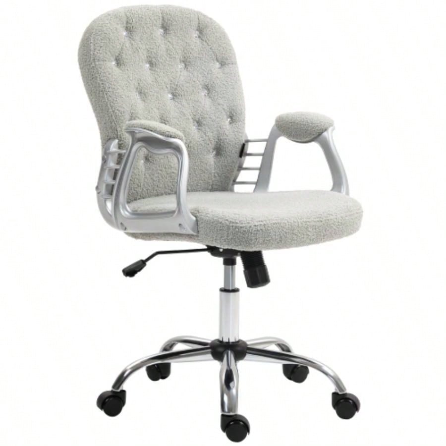 Vinsetto Teddy Fleece Home Office Chair, Button Tufted Desk Chair with Padded Armrests, Adjustable Height and Swivel Wheels, Gray
