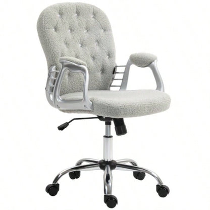 Vinsetto Teddy Fleece Home Office Chair, Button Tufted Desk Chair with Padded Armrests, Adjustable Height and Swivel Wheels, Gray