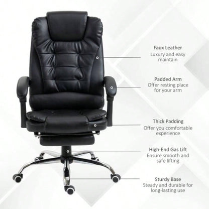 HOMCOM High Back Ergonomic Executive Office Chair, PU Leather Computer Chair with Retractable Footrest, Lumbar Support, Padded Headrest and Armrest, Black