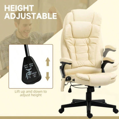 HOMCOM High Back Vibration Massage Office Chair with 6 Vibration Points, Heated Reclining PU Leather Computer Chair with Armrest and Remote, Beige