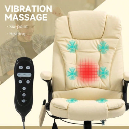 HOMCOM High Back Vibration Massage Office Chair with 6 Vibration Points, Heated Reclining PU Leather Computer Chair with Armrest and Remote, Beige