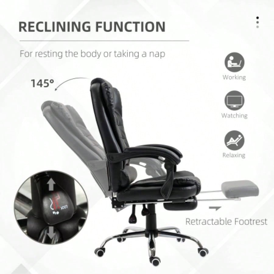 HOMCOM High Back Ergonomic Executive Office Chair, PU Leather Computer Chair with Retractable Footrest, Lumbar Support, Padded Headrest and Armrest, Black