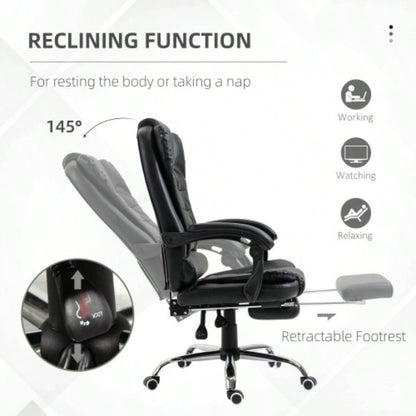 HOMCOM High Back Ergonomic Executive Office Chair, PU Leather Computer Chair with Retractable Footrest, Lumbar Support, Padded Headrest and Armrest, Black