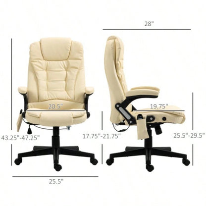 HOMCOM High Back Vibration Massage Office Chair with 6 Vibration Points, Heated Reclining PU Leather Computer Chair with Armrest and Remote, Beige