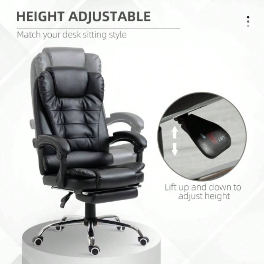 HOMCOM High Back Ergonomic Executive Office Chair, PU Leather Computer Chair with Retractable Footrest, Lumbar Support, Padded Headrest and Armrest, Black