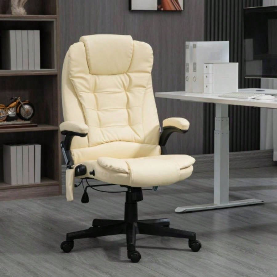 HOMCOM High Back Vibration Massage Office Chair with 6 Vibration Points, Heated Reclining PU Leather Computer Chair with Armrest and Remote, Beige