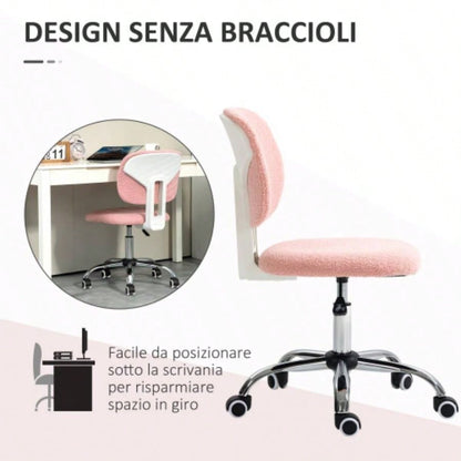 Cute Armless Office Chair, Teddy Fleece Fabric Computer Desk Chair, Vanity Task Chair with Adjustable Height, Swivel Wheels, Mid Back, Pink