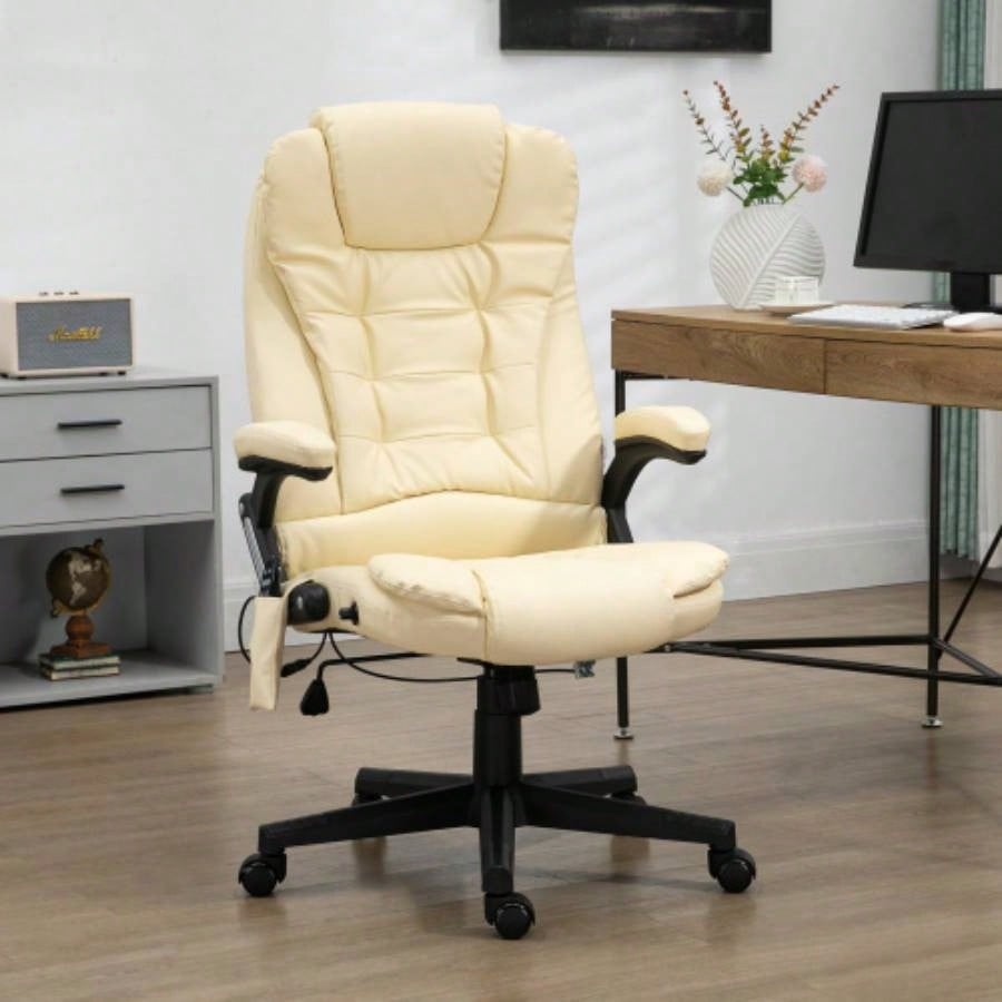 HOMCOM High Back Vibration Massage Office Chair with 6 Vibration Points, Heated Reclining PU Leather Computer Chair with Armrest and Remote, Beige
