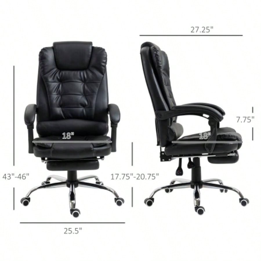 HOMCOM High Back Ergonomic Executive Office Chair, PU Leather Computer Chair with Retractable Footrest, Lumbar Support, Padded Headrest and Armrest, Black