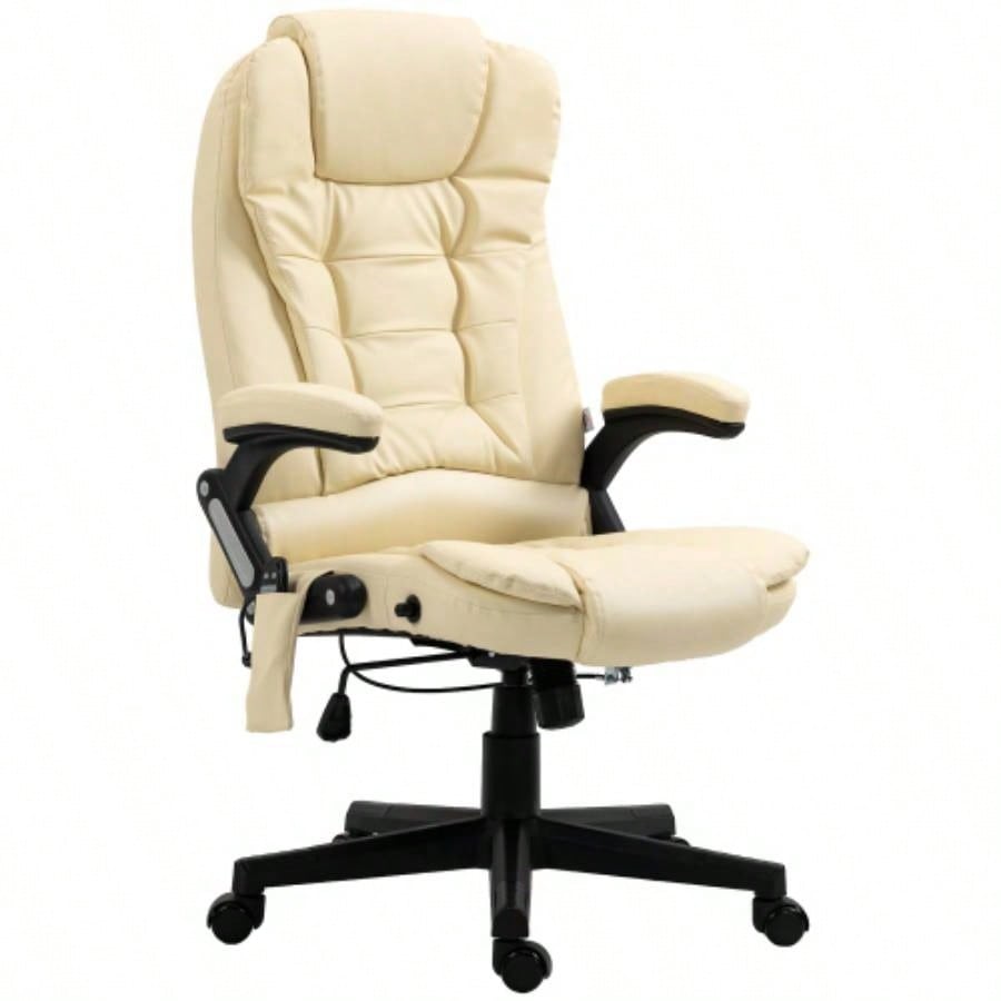 HOMCOM High Back Vibration Massage Office Chair with 6 Vibration Points, Heated Reclining PU Leather Computer Chair with Armrest and Remote, Beige