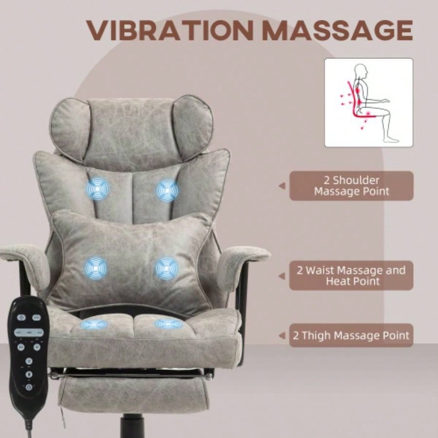 HOMCOM Massage Executive Office Chair with 6 Vibration Points, 400LBS Heated Big and Tall Office Chair with Foot Rest and Lumbar Support, Microfiber Reclining Computer Desk Chair, Gray