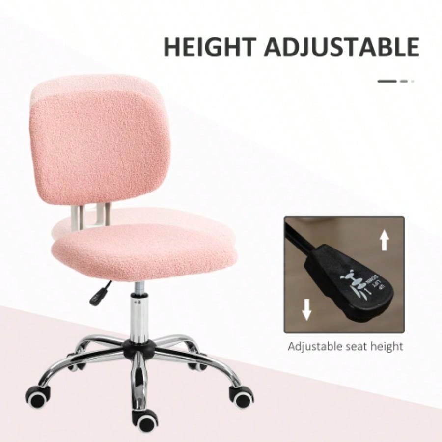 Cute Armless Office Chair, Teddy Fleece Fabric Computer Desk Chair, Vanity Task Chair with Adjustable Height, Swivel Wheels, Mid Back, Pink