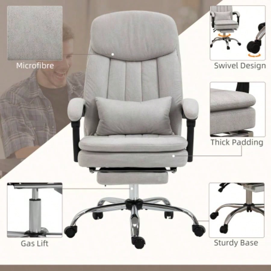 Vinsetto Microfibre Executive Massage Office Chair, Swivel Computer Desk Chair, Heated Reclining Computer Chair with Lumbar Support Pillow, Light Gray