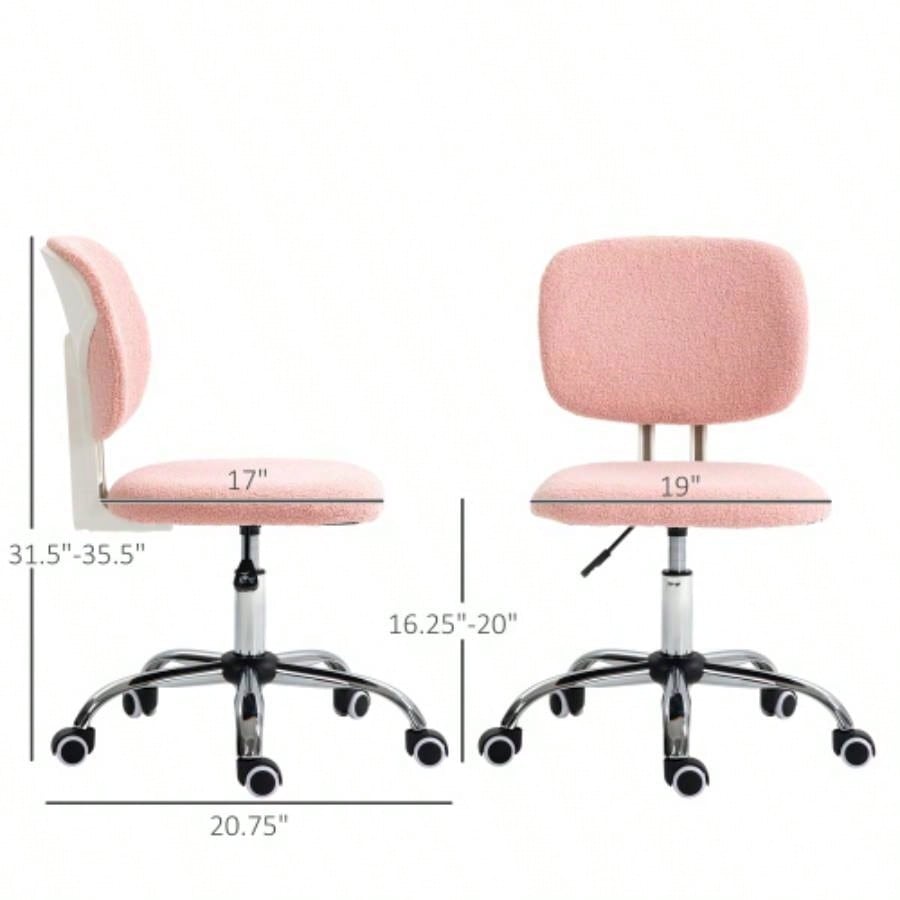 Cute Armless Office Chair, Teddy Fleece Fabric Computer Desk Chair, Vanity Task Chair with Adjustable Height, Swivel Wheels, Mid Back, Pink