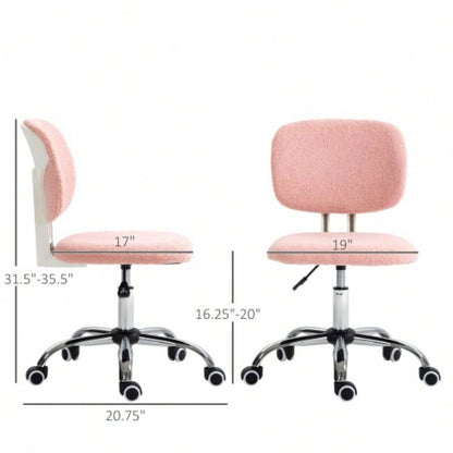 Cute Armless Office Chair, Teddy Fleece Fabric Computer Desk Chair, Vanity Task Chair with Adjustable Height, Swivel Wheels, Mid Back, Pink
