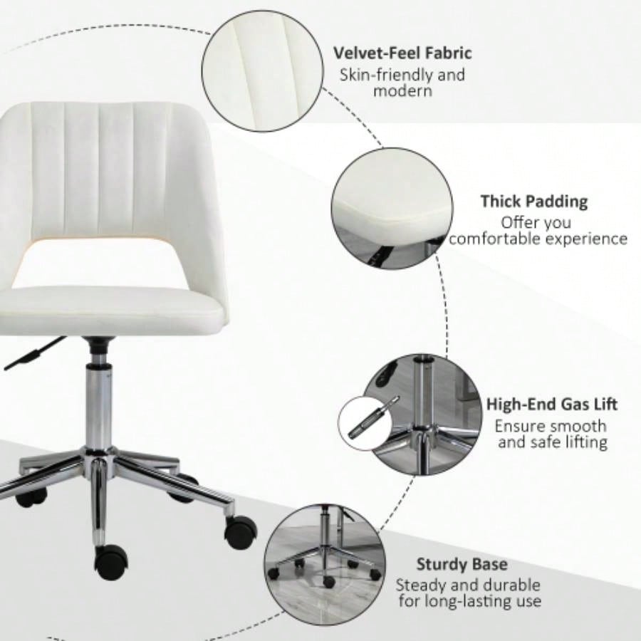 Vinsetto Modern Mid Back Office Chair with Velvet Fabric, Swivel Computer Armless Desk Chair with Hollow Back Design Home Office, White