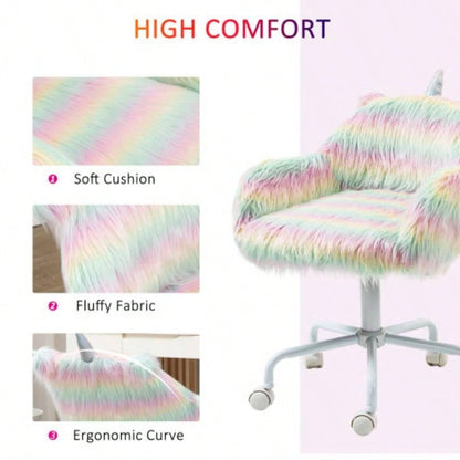 HOMCOM Fluffy Office Chair with Mid - Back and Armrest Support, 5 Swivel Wheel White Base,