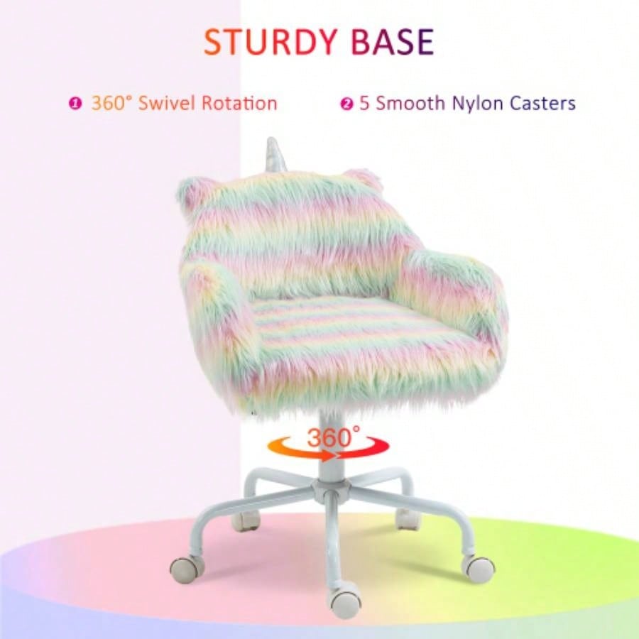 HOMCOM Fluffy Office Chair with Mid - Back and Armrest Support, 5 Swivel Wheel White Base,