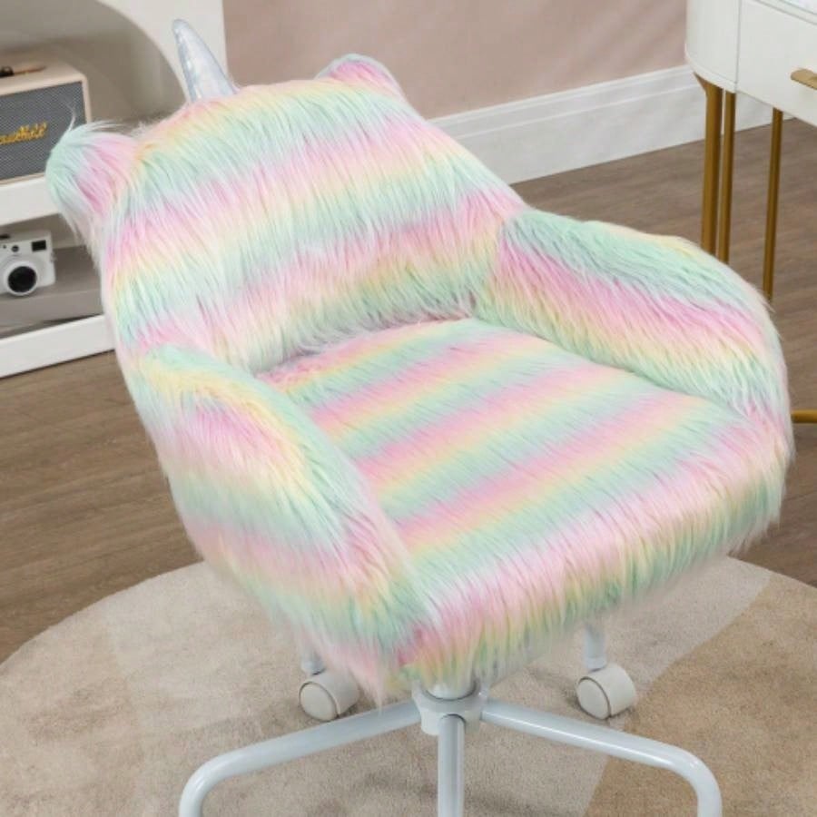 HOMCOM Fluffy Office Chair with Mid - Back and Armrest Support, 5 Swivel Wheel White Base,