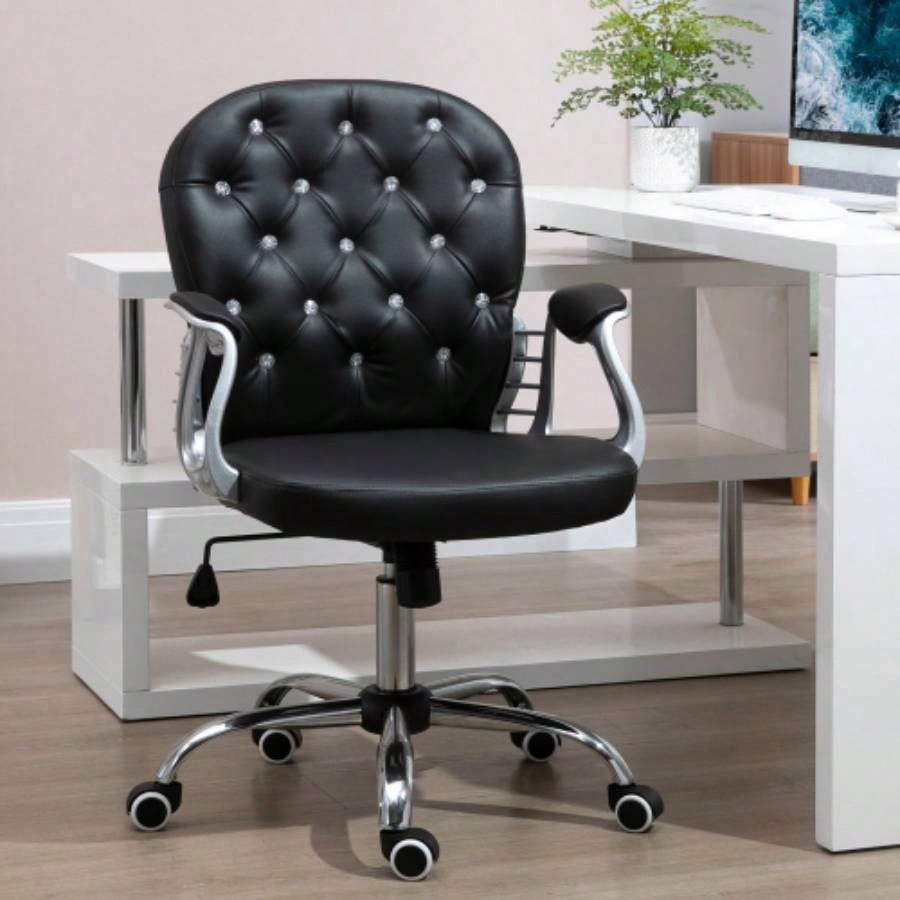Vinsetto PU Leather Home Office Chair, Button Tufted Desk Chair with Padded Armrests, Adjustable Height and Swivel Wheels, Black