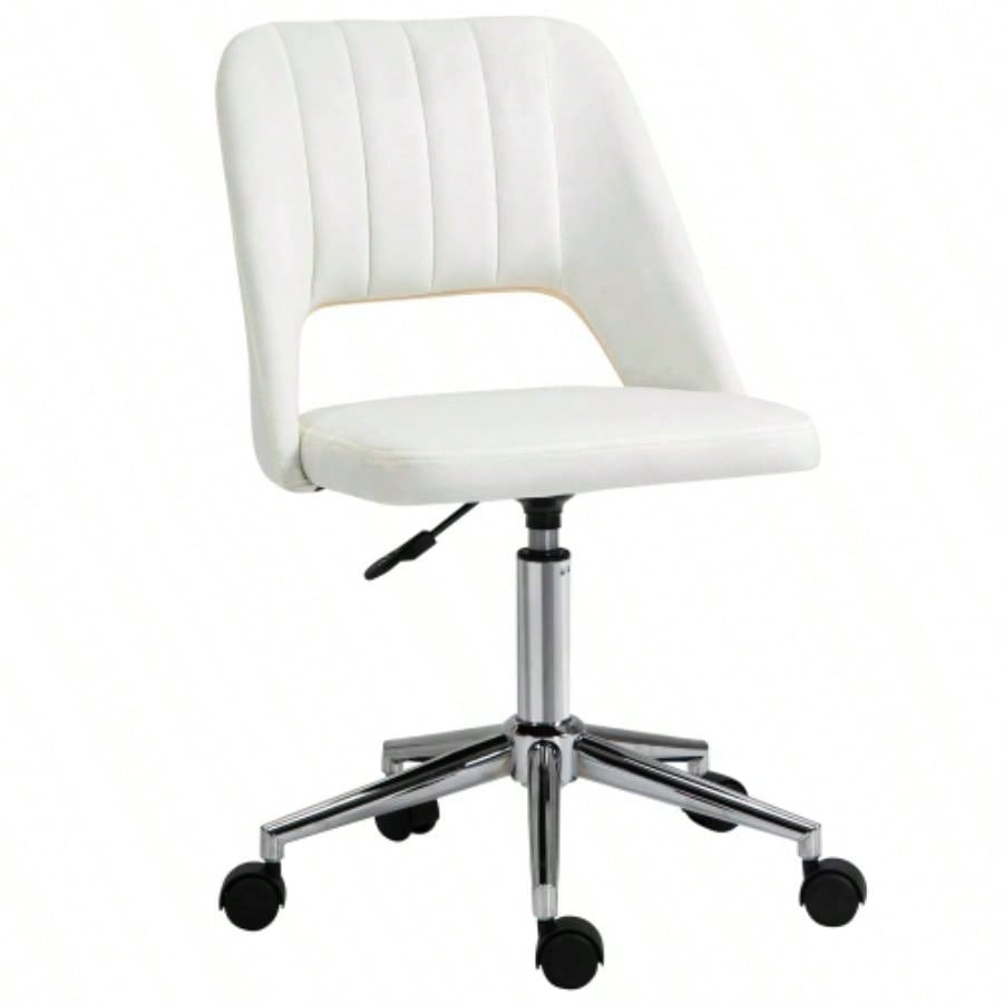Vinsetto Modern Mid Back Office Chair with Velvet Fabric, Swivel Computer Armless Desk Chair with Hollow Back Design Home Office, White