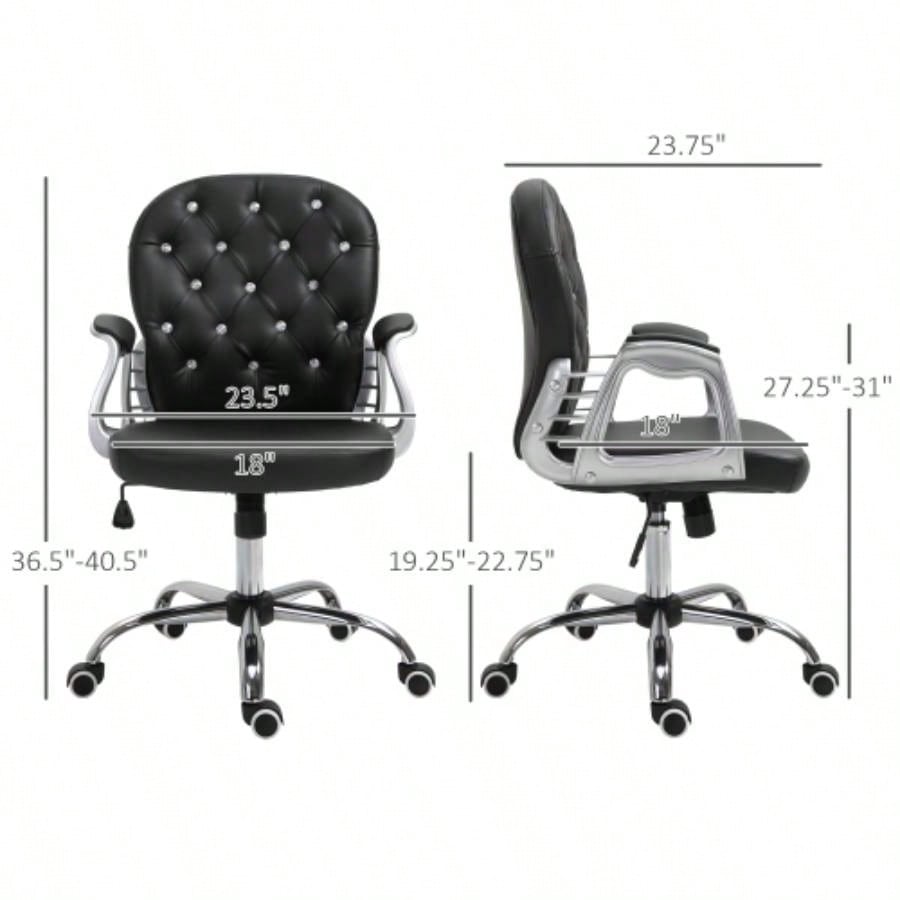 Vinsetto PU Leather Home Office Chair, Button Tufted Desk Chair with Padded Armrests, Adjustable Height and Swivel Wheels, Black