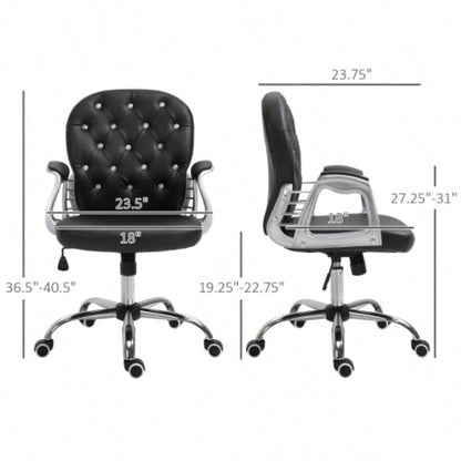 Vinsetto PU Leather Home Office Chair, Button Tufted Desk Chair with Padded Armrests, Adjustable Height and Swivel Wheels, Black